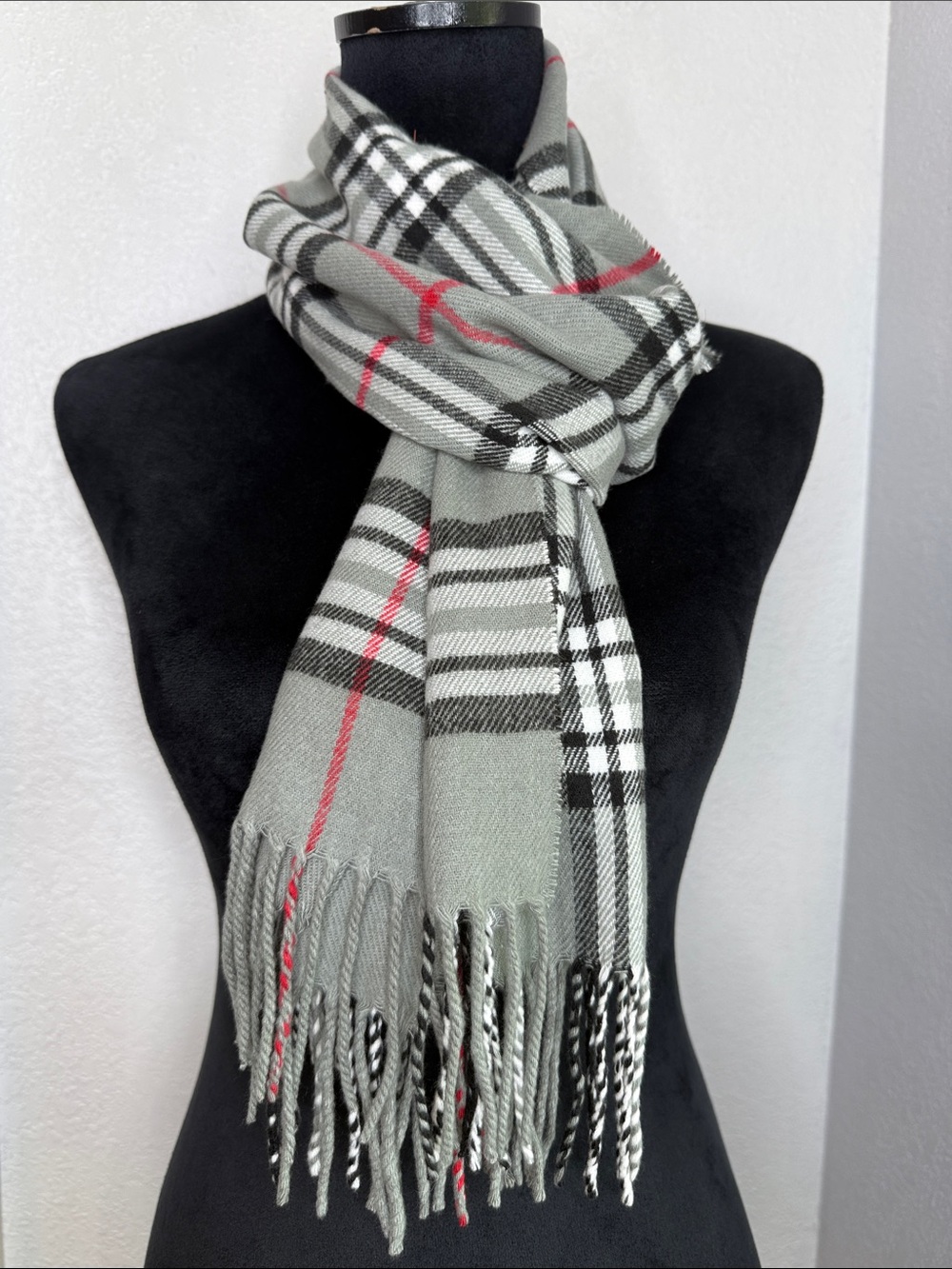 Plaid Fringe Scarf Gray Black Red Tartan Check Wrap Italy Design Preppy Travel
